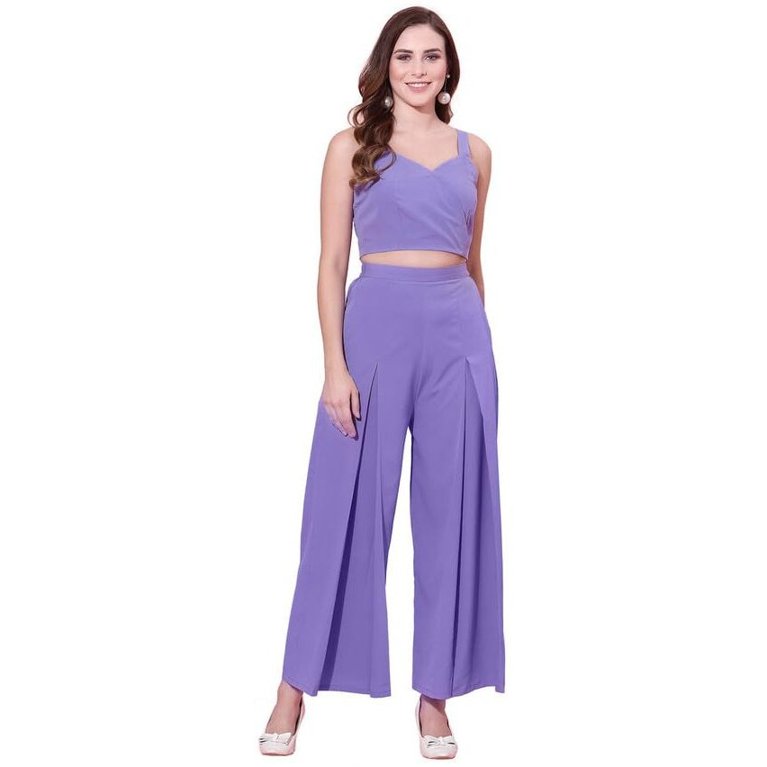 Selvia Women's Sleeveless Crepe V-Neck Solid Co-Ords Set(358Tk7031Na-M_Lavender)