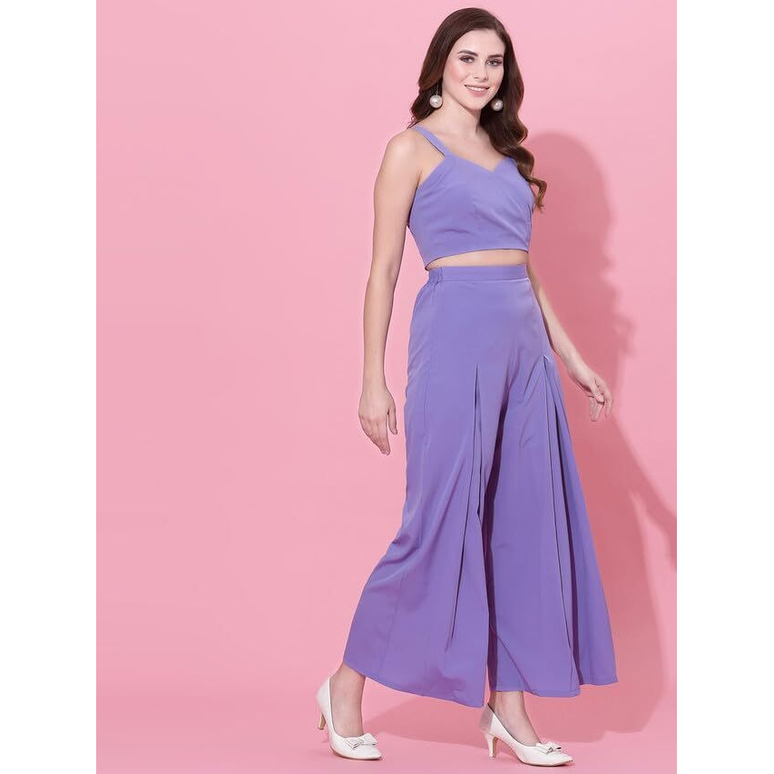 Selvia Women's Sleeveless Crepe V-Neck Solid Co-Ords Set(358Tk7031Na-M_Lavender)