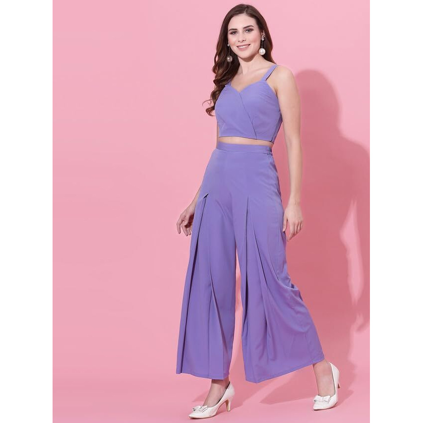 Selvia Women's Sleeveless Crepe V-Neck Solid Co-Ords Set(358Tk7031Na-M_Lavender)