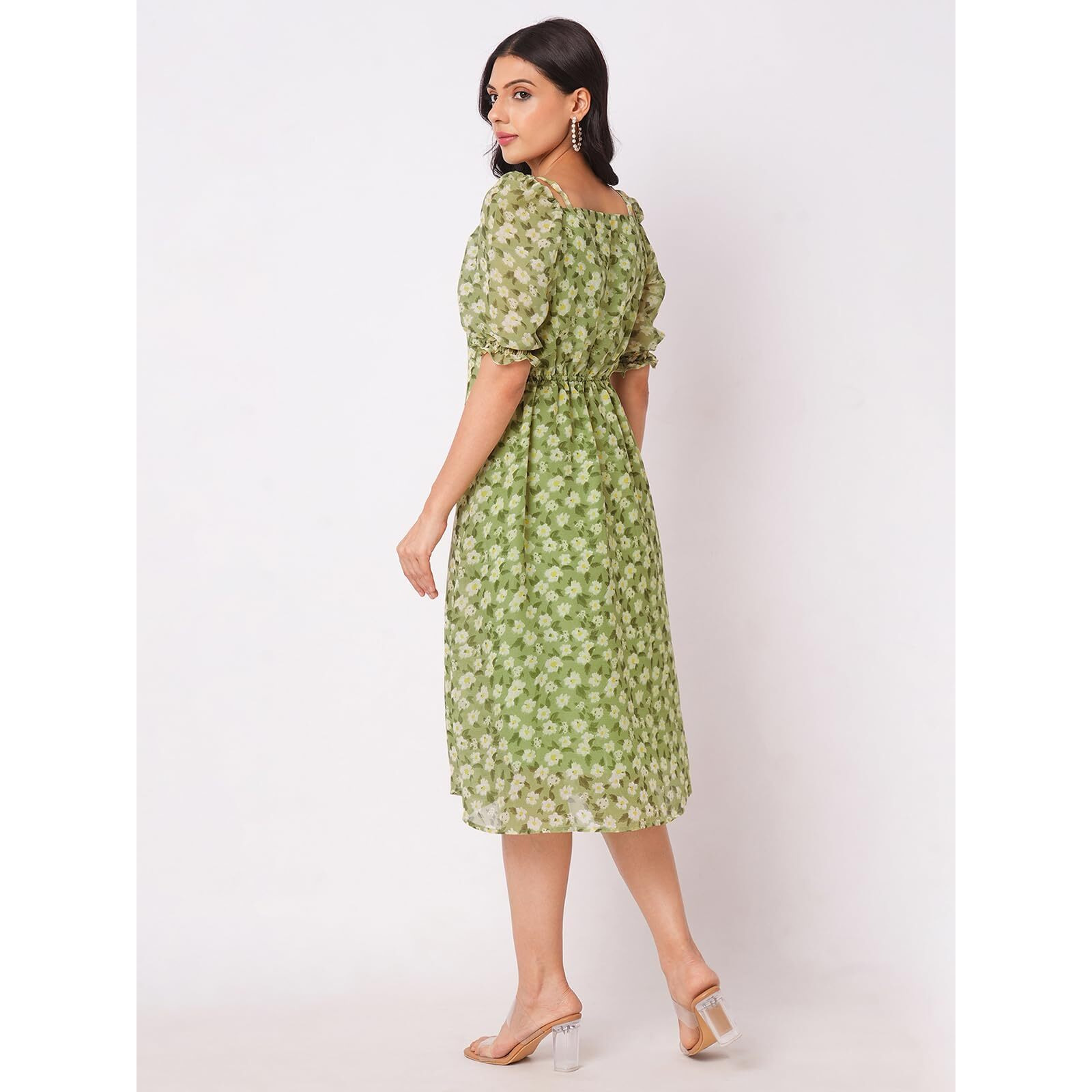 Selvia Western Dress For Women|Georgette Dress For Women|A-Line Dress|Floral Printed Dress For Women|One Piece Dress For Women (310Tk6048N-S_Green & Beige & Multi)