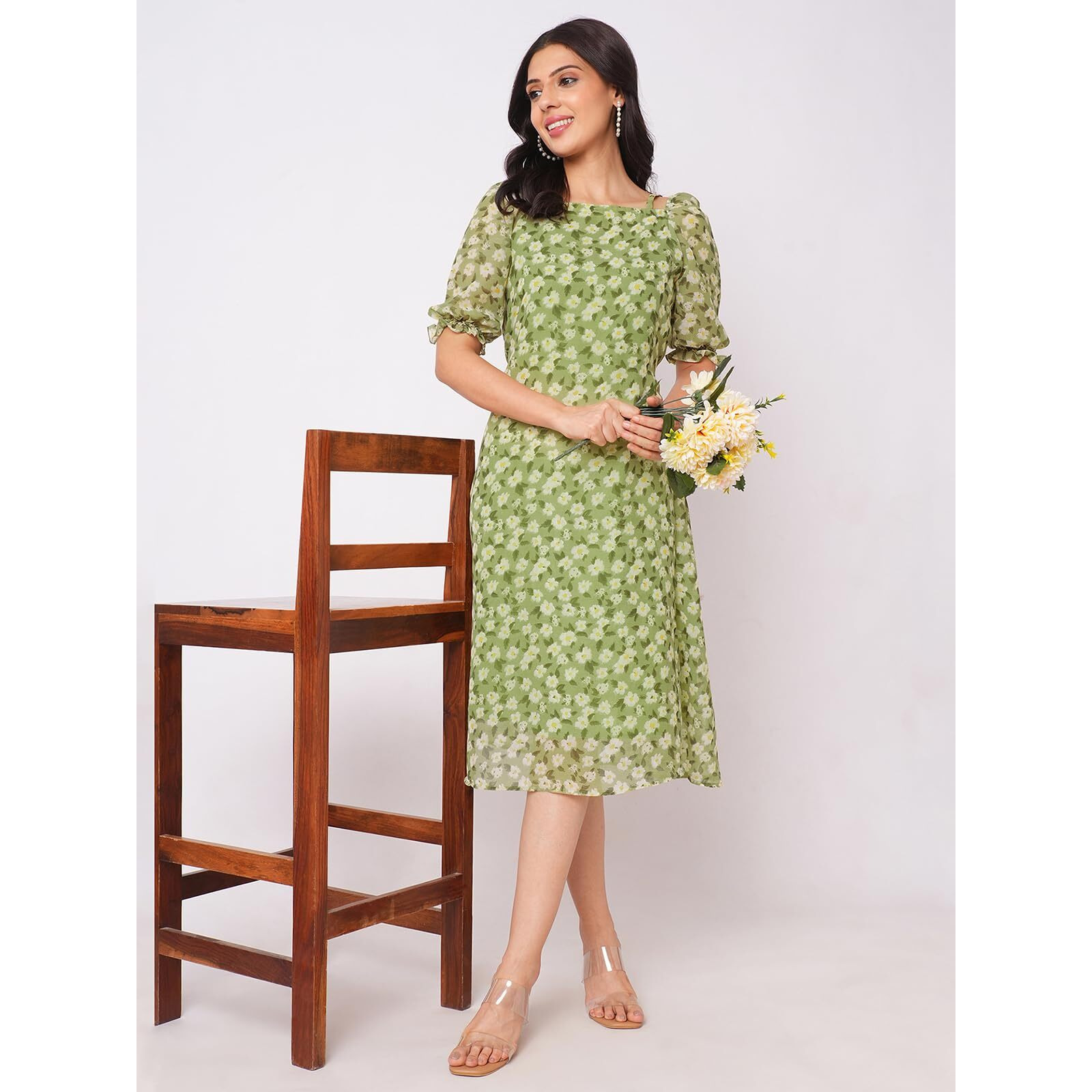Selvia Western Dress For Women|Georgette Dress For Women|A-Line Dress|Floral Printed Dress For Women|One Piece Dress For Women (310Tk6048N-S_Green & Beige & Multi)