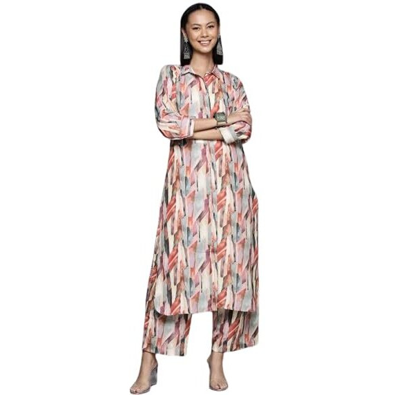 Varanga Women Multi Colour Shirt Collar Side Slit Tunic Paired With Tonal Bottom