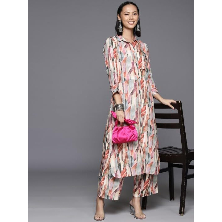 Varanga Women Multi Colour Shirt Collar Side Slit Tunic Paired With Tonal Bottom