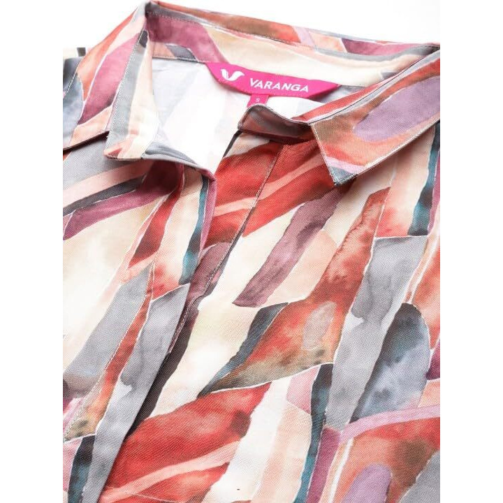 Varanga Women Multi Colour Shirt Collar Side Slit Tunic Paired With Tonal Bottom