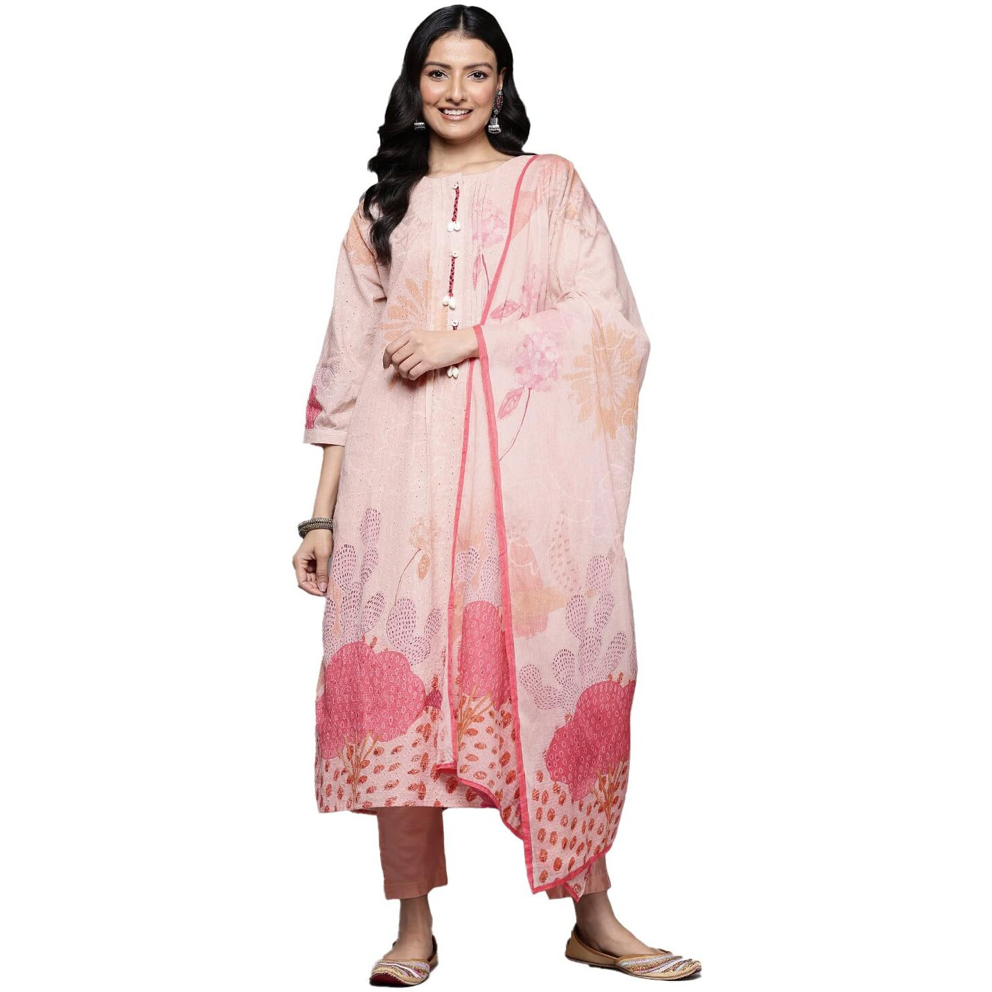 Varanga Women Peach Sciffli Kurta Paired With Tonal Bottom And Printed Dupatta