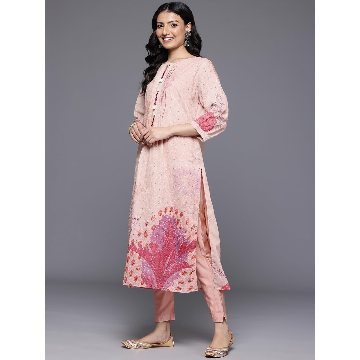 Varanga Women Peach Sciffli Kurta Paired With Tonal Bottom And Printed Dupatta