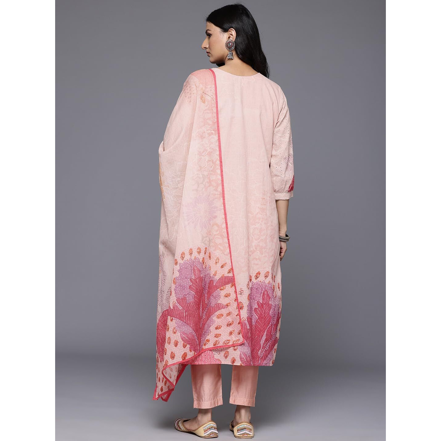 Varanga Women Peach Sciffli Kurta Paired With Tonal Bottom And Printed Dupatta
