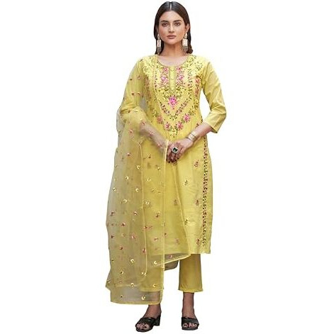 Womanista Women's Pure Cotton Kurta With Trouser & Dupatta (Kurtaset_1414_Yellow