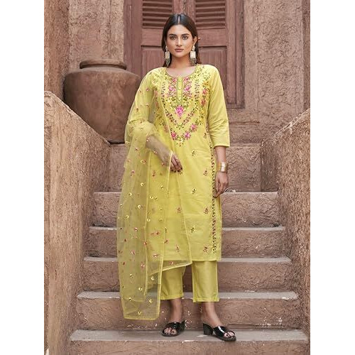 Womanista Women's Pure Cotton Kurta With Trouser & Dupatta (Kurtaset_1414_Yellow