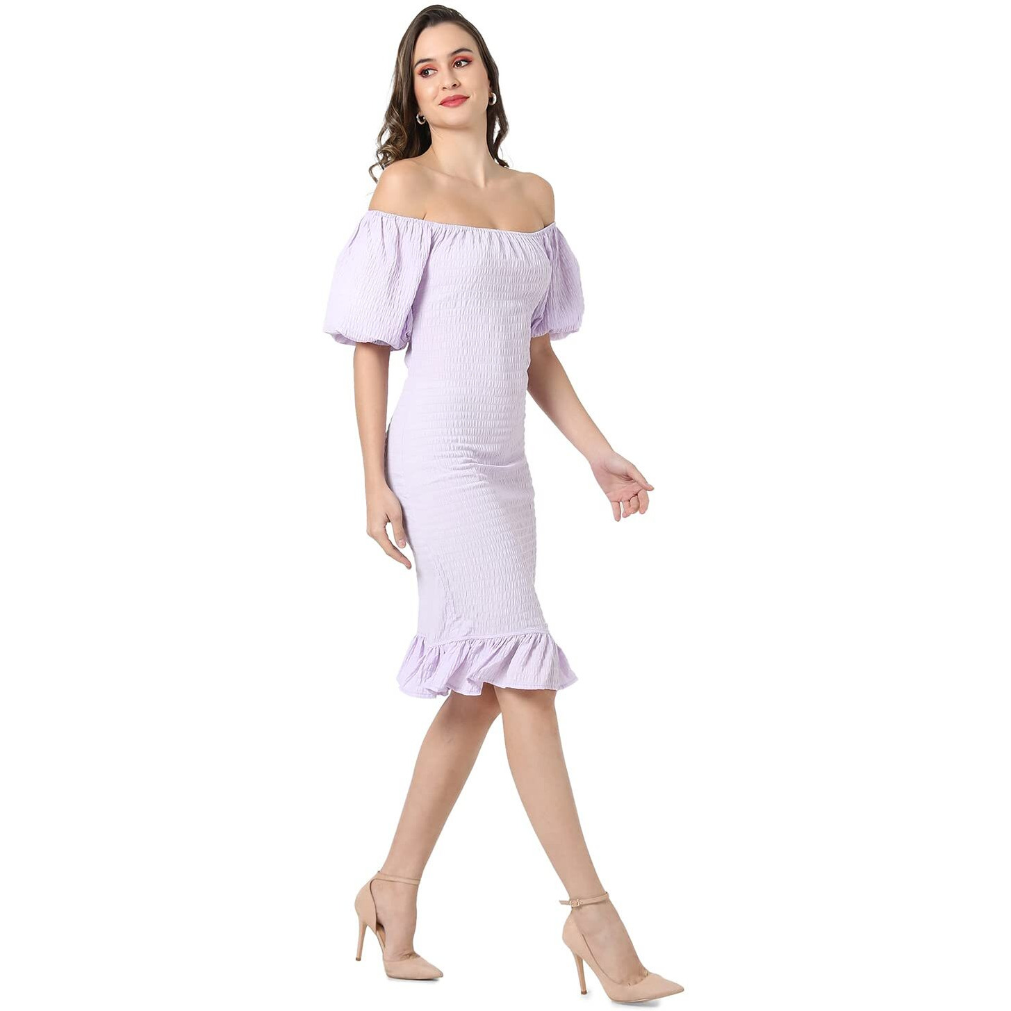 Campus Sutra Women's Lilac Puff-Sleeved Creased Dress For Casual Wear | Off-Shoulder | Short Sleeve | Pull On Closure | Dress Crafted With Comfort Fit For Everyday Wear