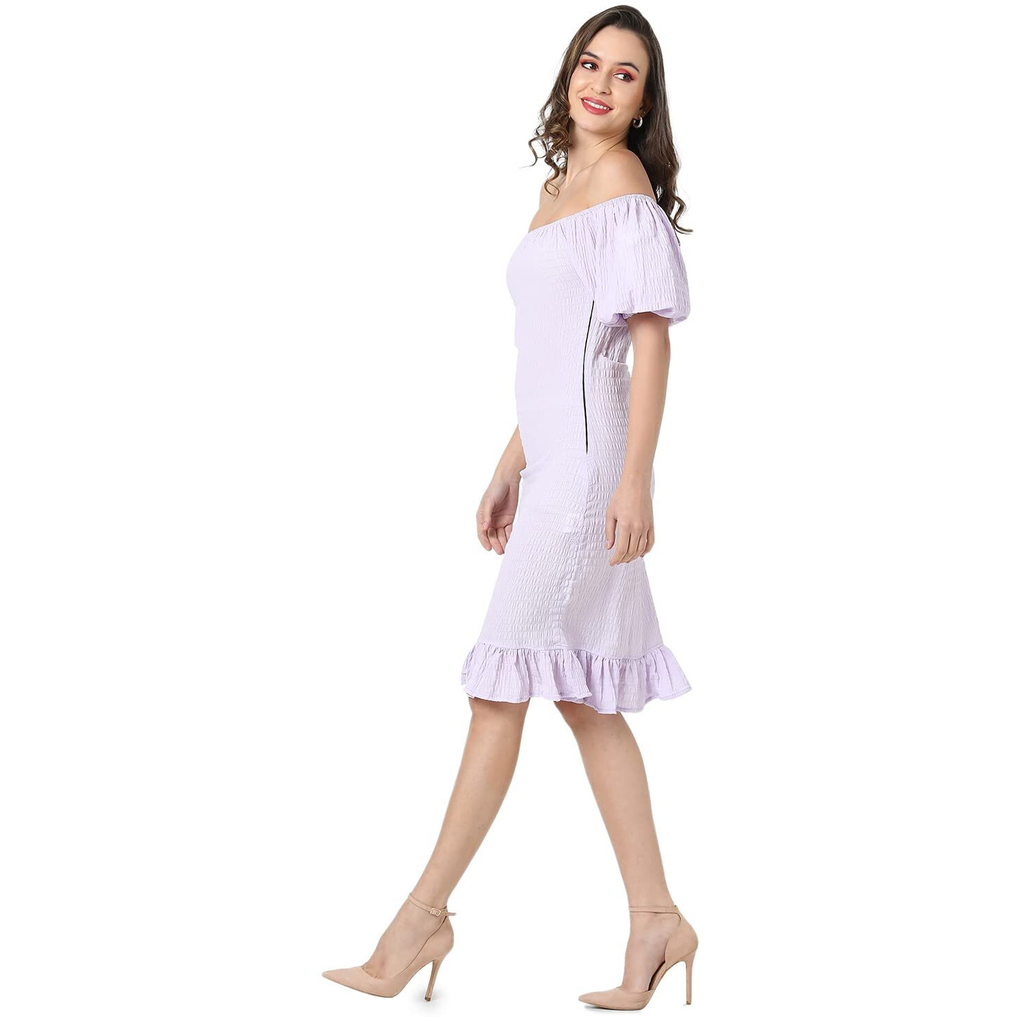 Campus Sutra Women's Lilac Puff-Sleeved Creased Dress For Casual Wear | Off-Shoulder | Short Sleeve | Pull On Closure | Dress Crafted With Comfort Fit For Everyday Wear