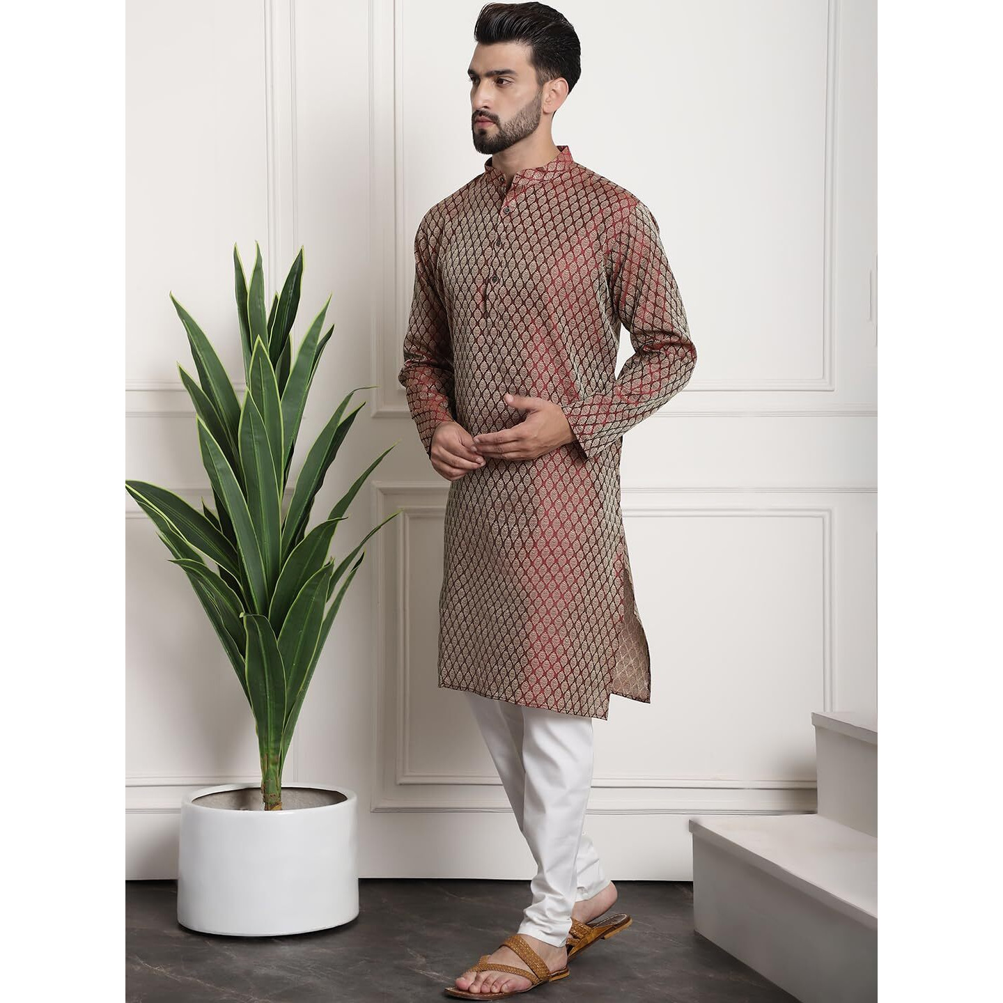 Sojanya (Since 1958 Men's Jacquard Silk Maroon Kurta And Off-White Pyjama With Blue Nehru Jacket