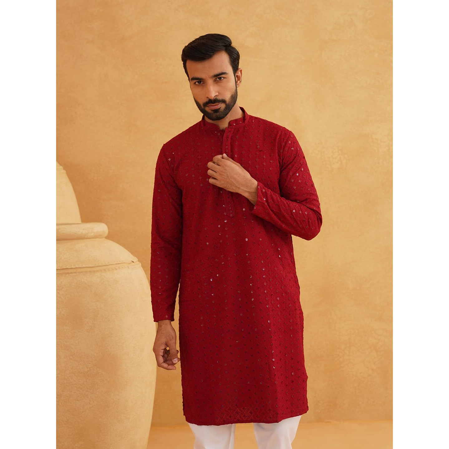 Sojanya (Since 1958 Men's Ethnic Motifs Embroidered Sequinned Maroon Cotton Long Kurta