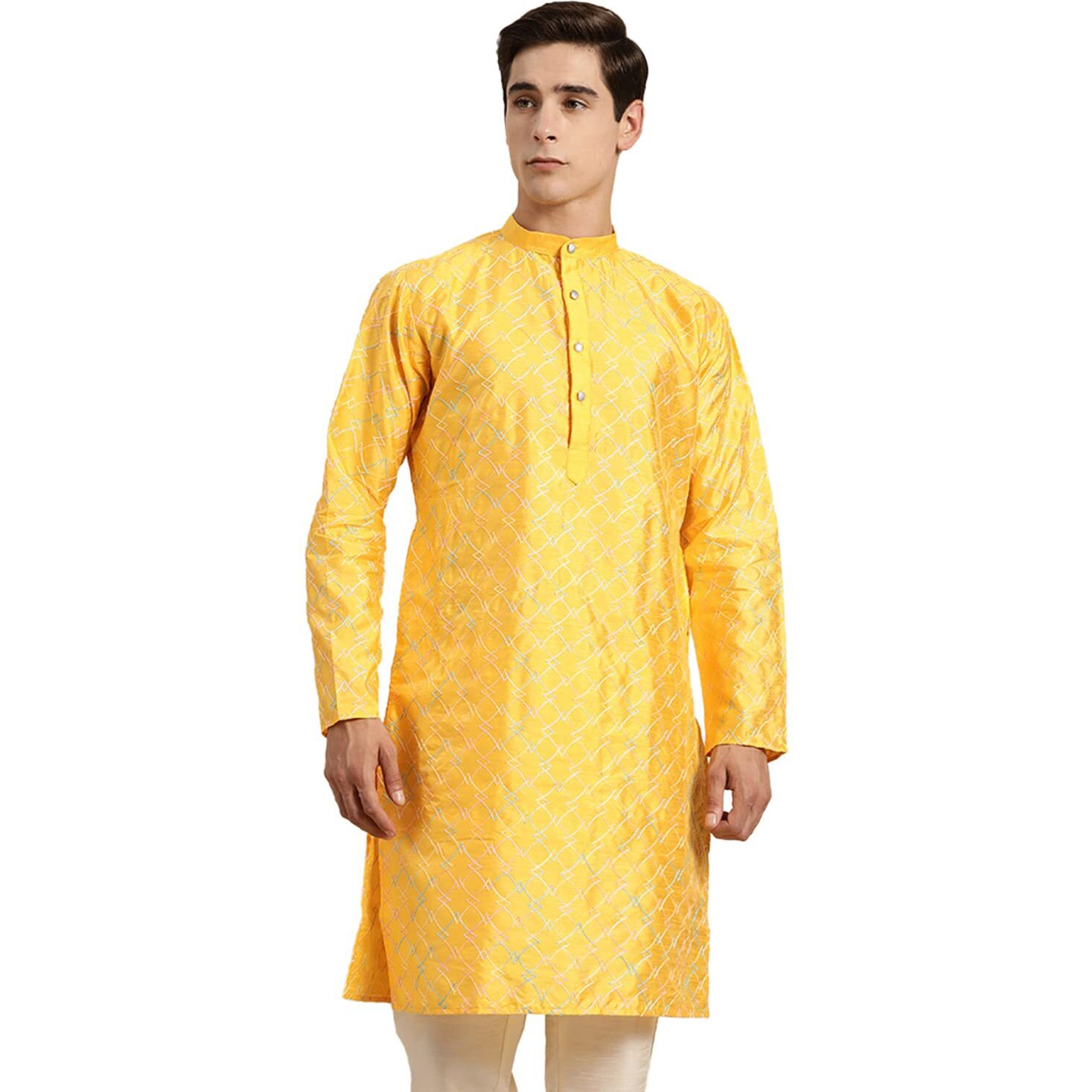 Sojanya (Since 1958 Men's Silk Blend Mustard Kurta With Multi Color Embroidery