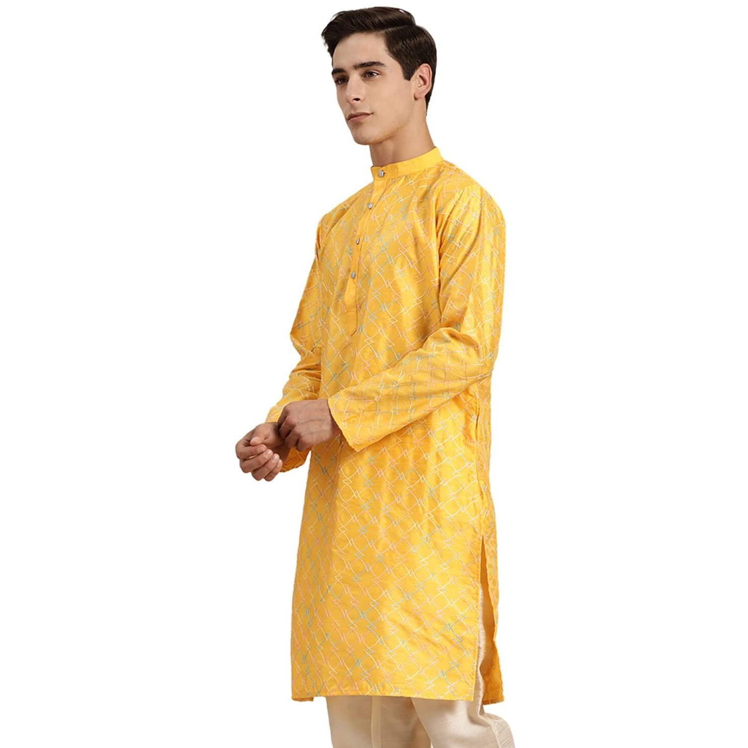 Sojanya (Since 1958 Men's Silk Blend Mustard Kurta With Multi Color Embroidery