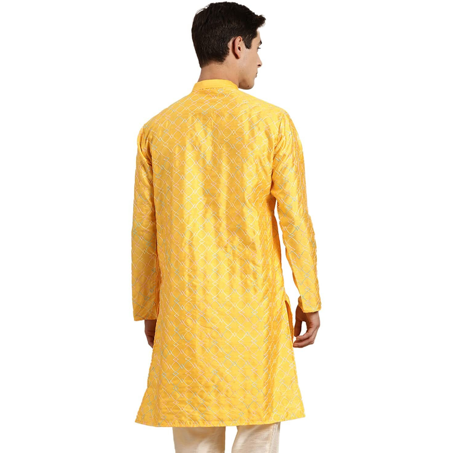 Sojanya (Since 1958 Men's Silk Blend Mustard Kurta With Multi Color Embroidery