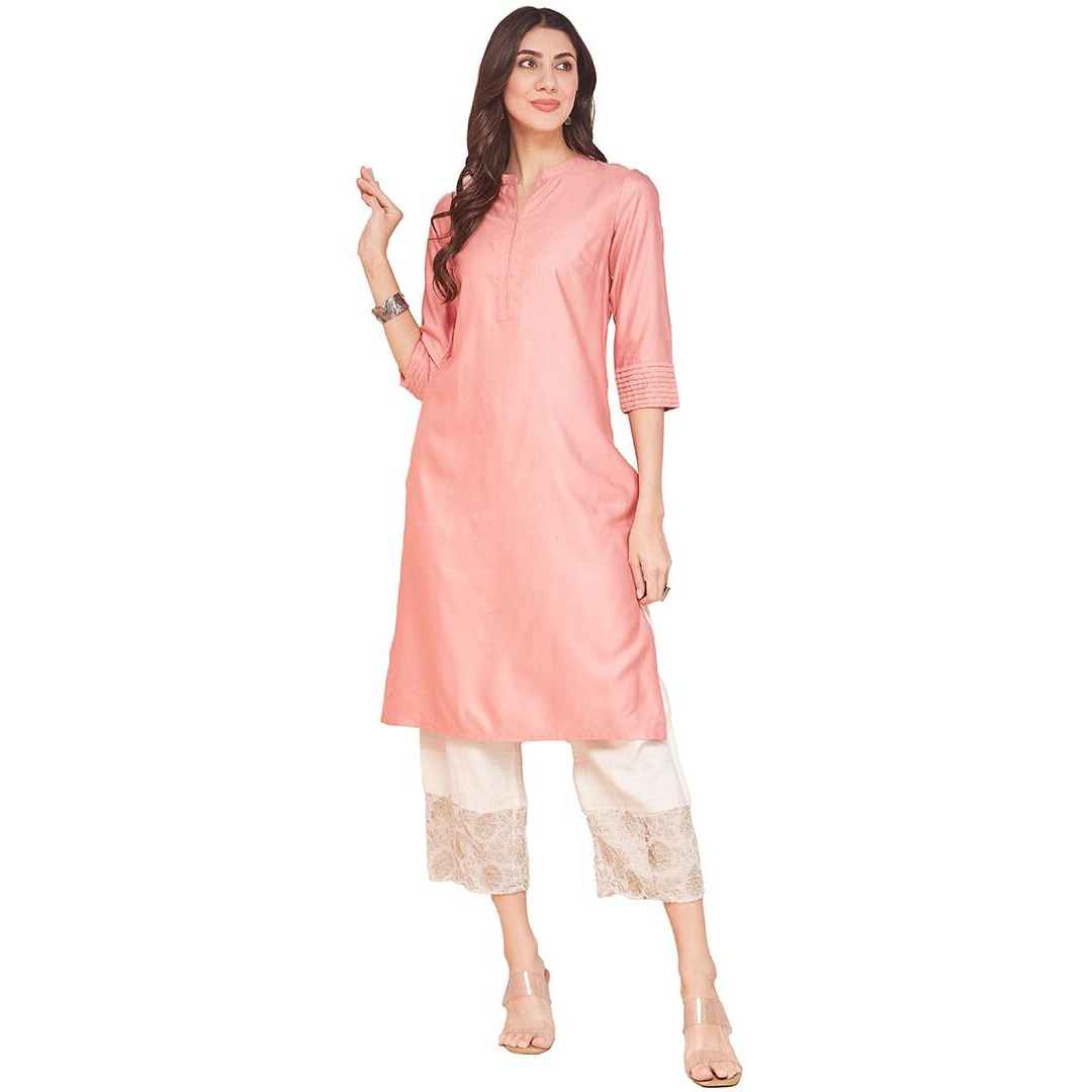 Fabindia Women's Viscose Silk Solid Regular Kurta (1038026Peach_Peach