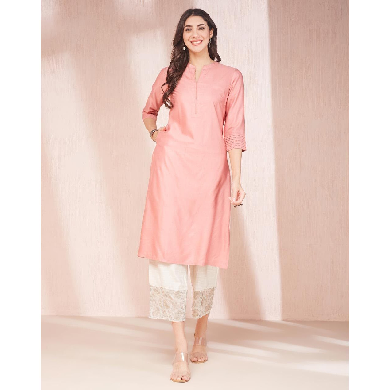 Fabindia Women's Viscose Silk Solid Regular Kurta (1038026Peach_Peach
