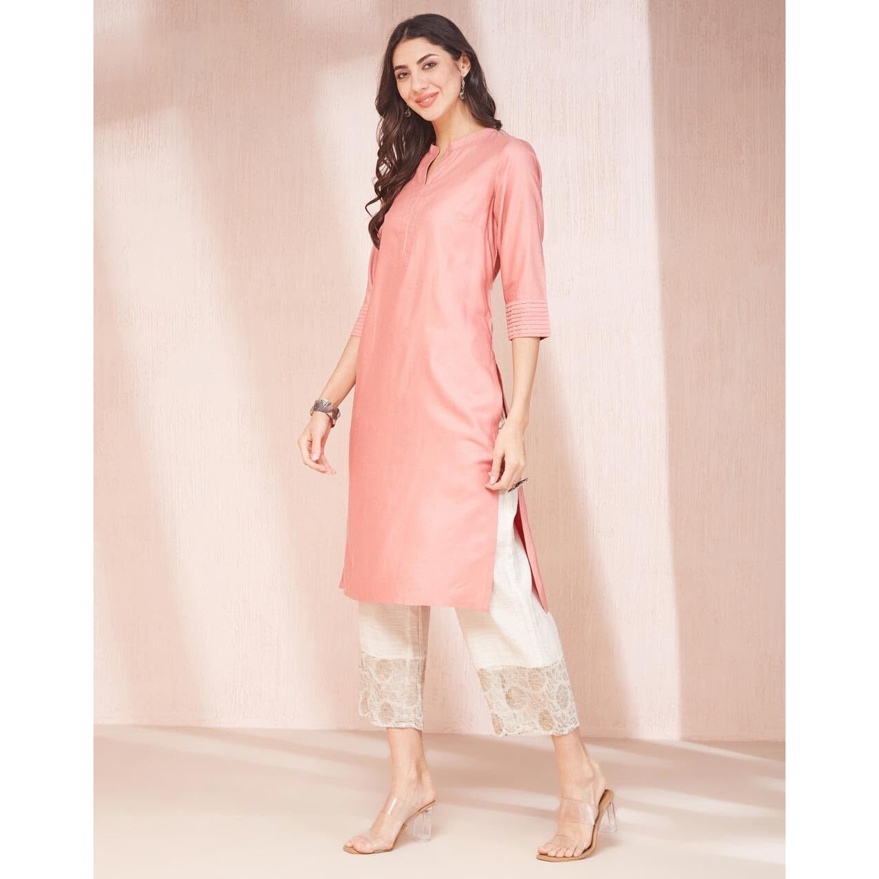 Fabindia Women's Viscose Silk Solid Regular Kurta (1038026Peach_Peach