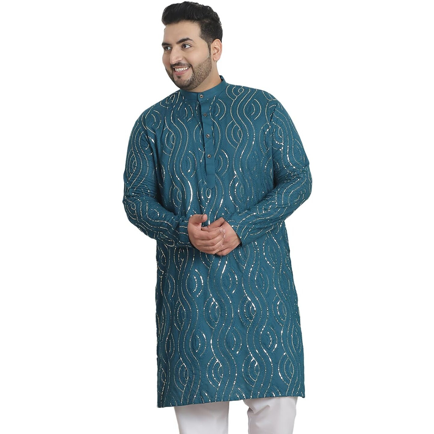 Sojanya Plus (Since 1958) Men's Cotton Designer Teal Blue Long Kurta