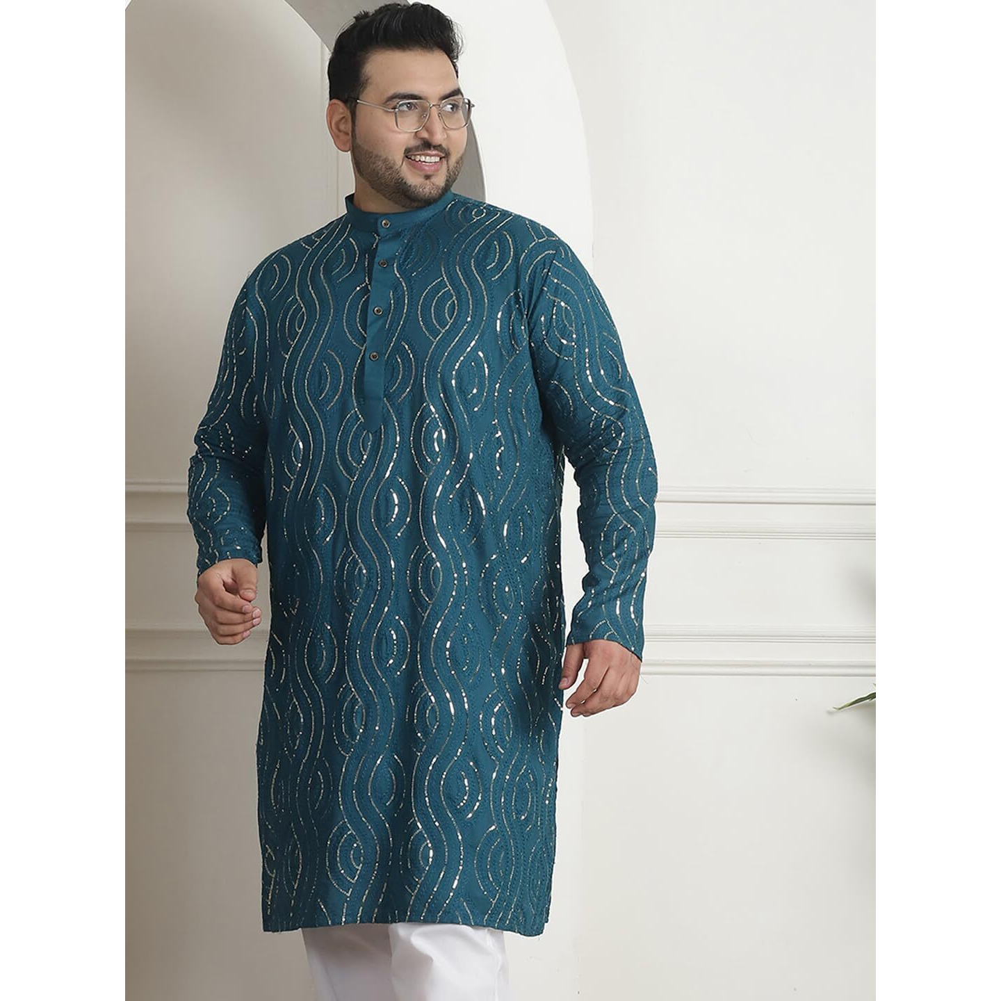 Sojanya Plus (Since 1958) Men's Cotton Designer Teal Blue Long Kurta