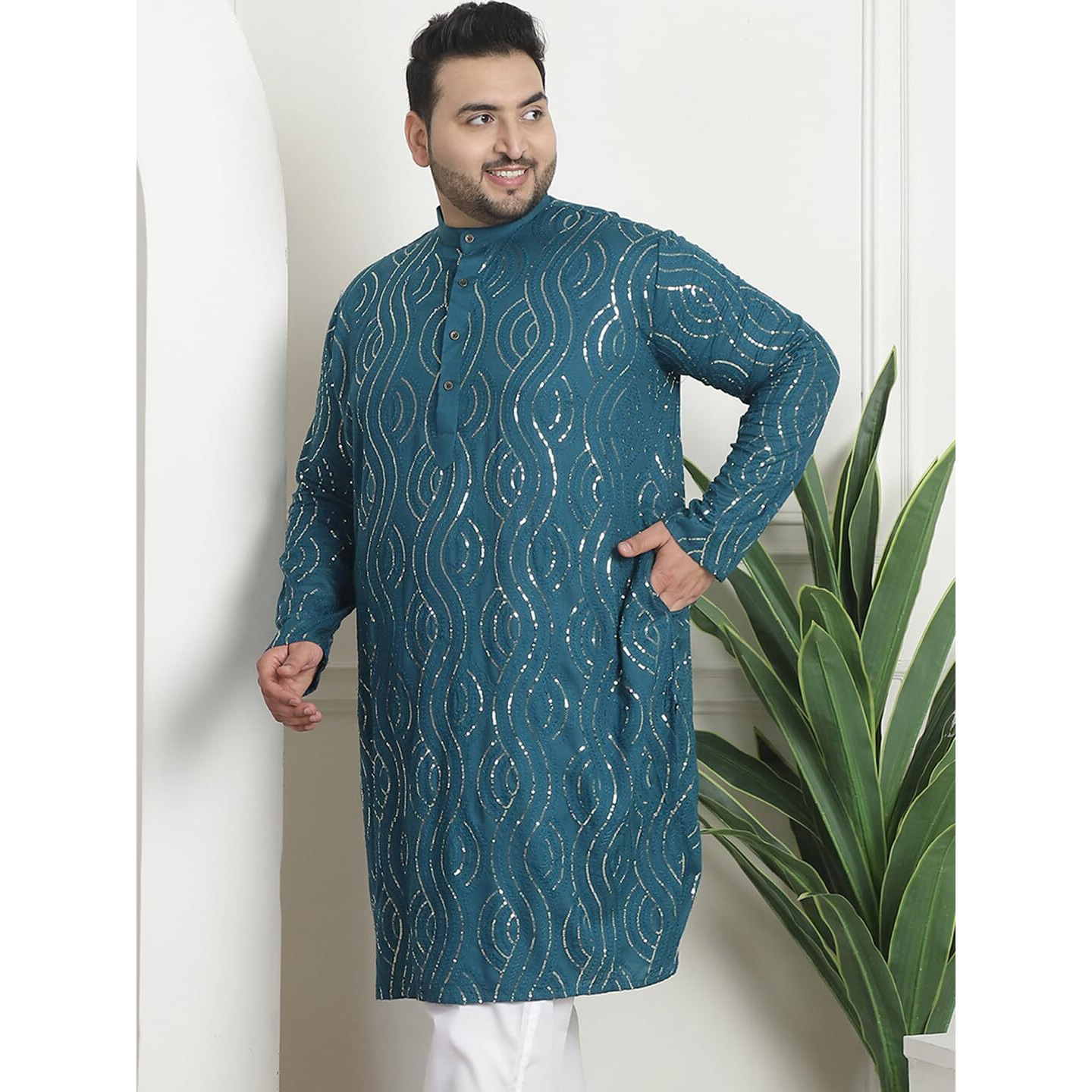 Sojanya Plus (Since 1958) Men's Cotton Designer Teal Blue Long Kurta