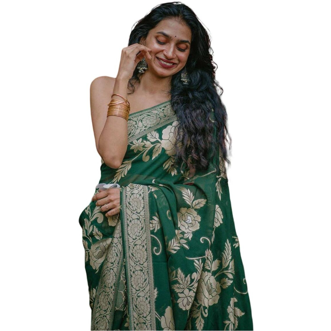 Flosive Women's Basil Green & Golden Zari Woven Kanjivaram Saree With Blouse
