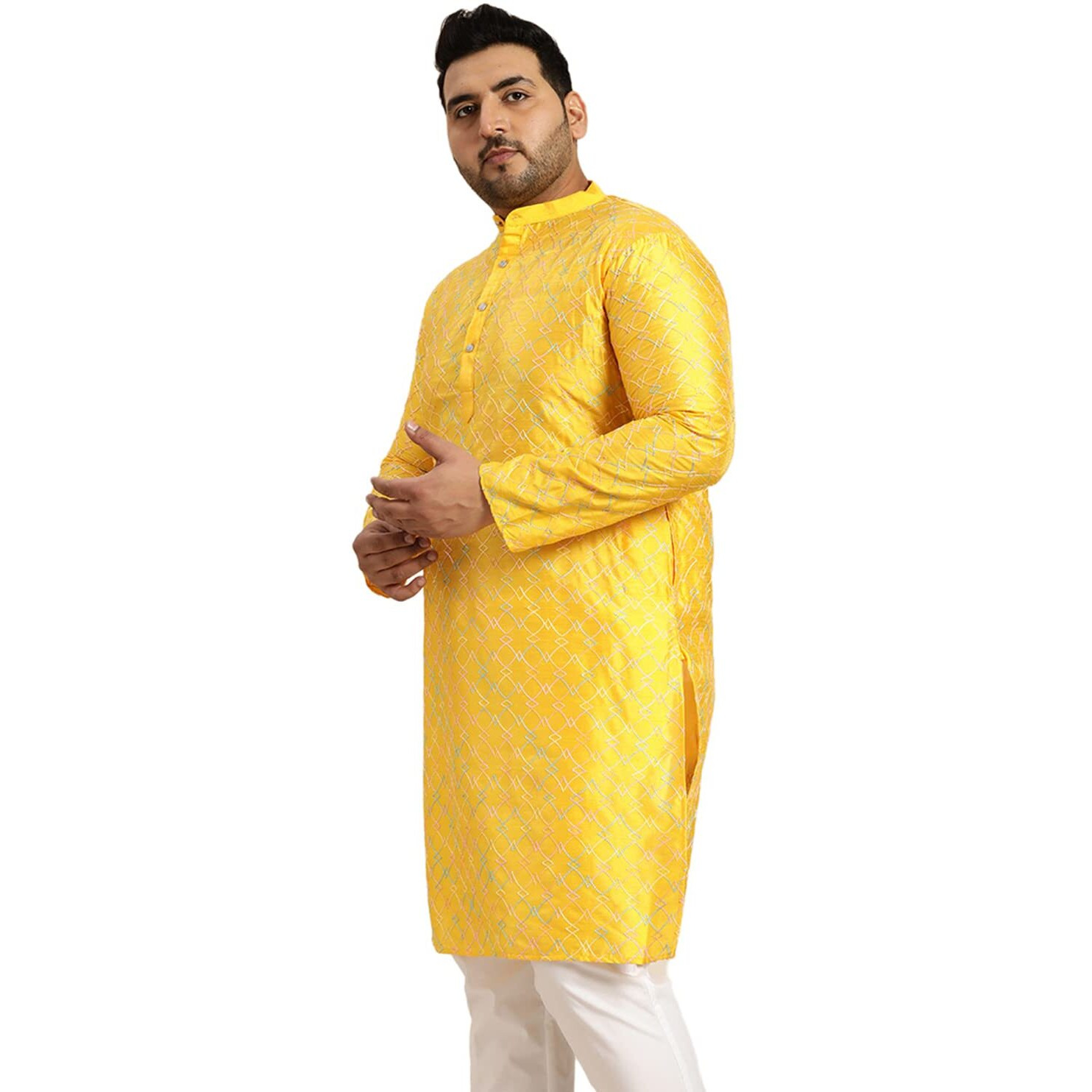 Sojanya Plus (Since 1958) Men's Mustard Silk Blend Long Kurta With Multi Color Embroidery