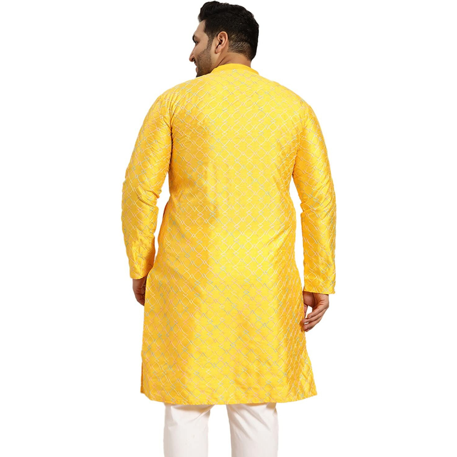 Sojanya Plus (Since 1958) Men's Mustard Silk Blend Long Kurta With Multi Color Embroidery