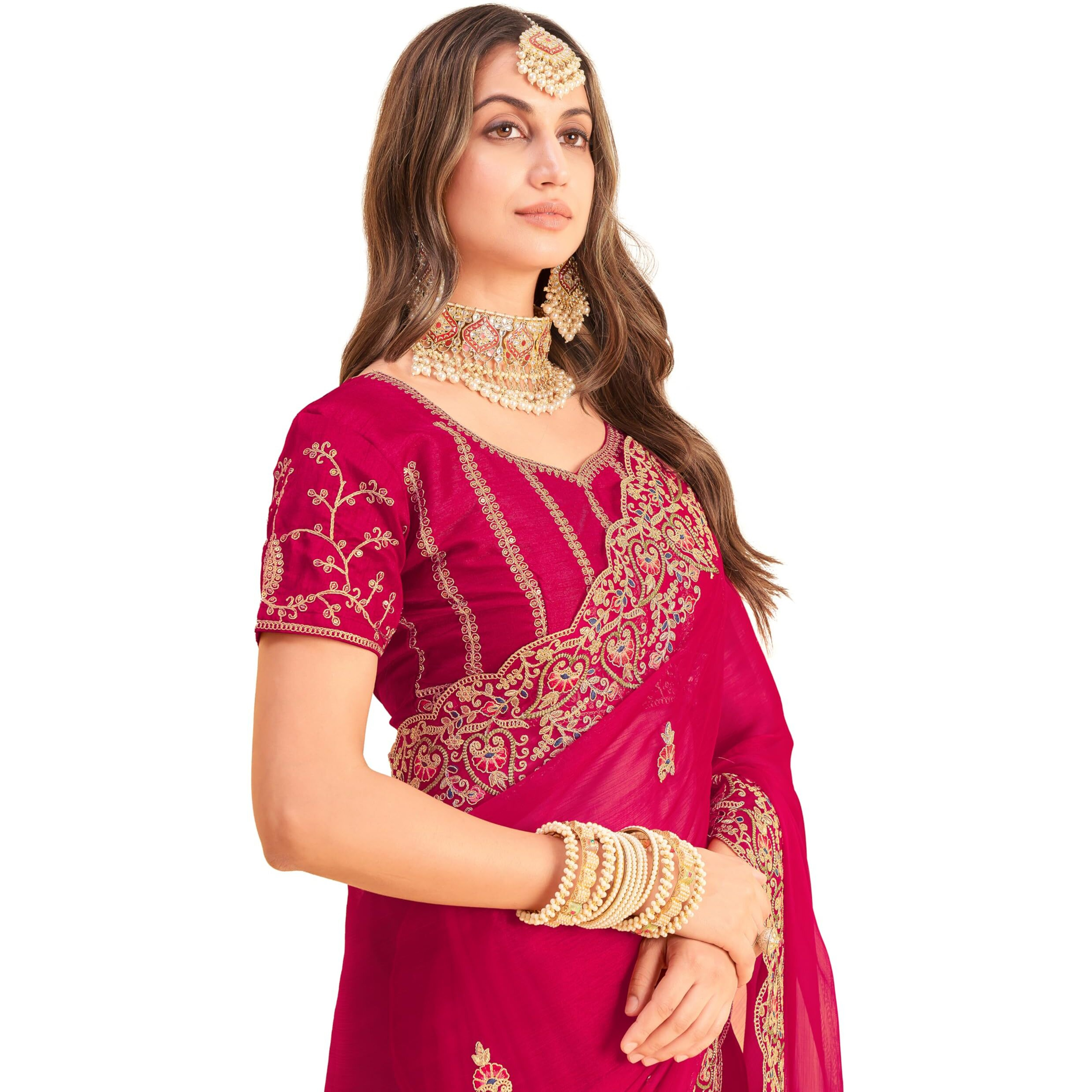 Glory Sarees Women's Soft Burberry Chiffon Heavy Embroidery Saree With Blouse Piece (Qualamkars_102_Rani)