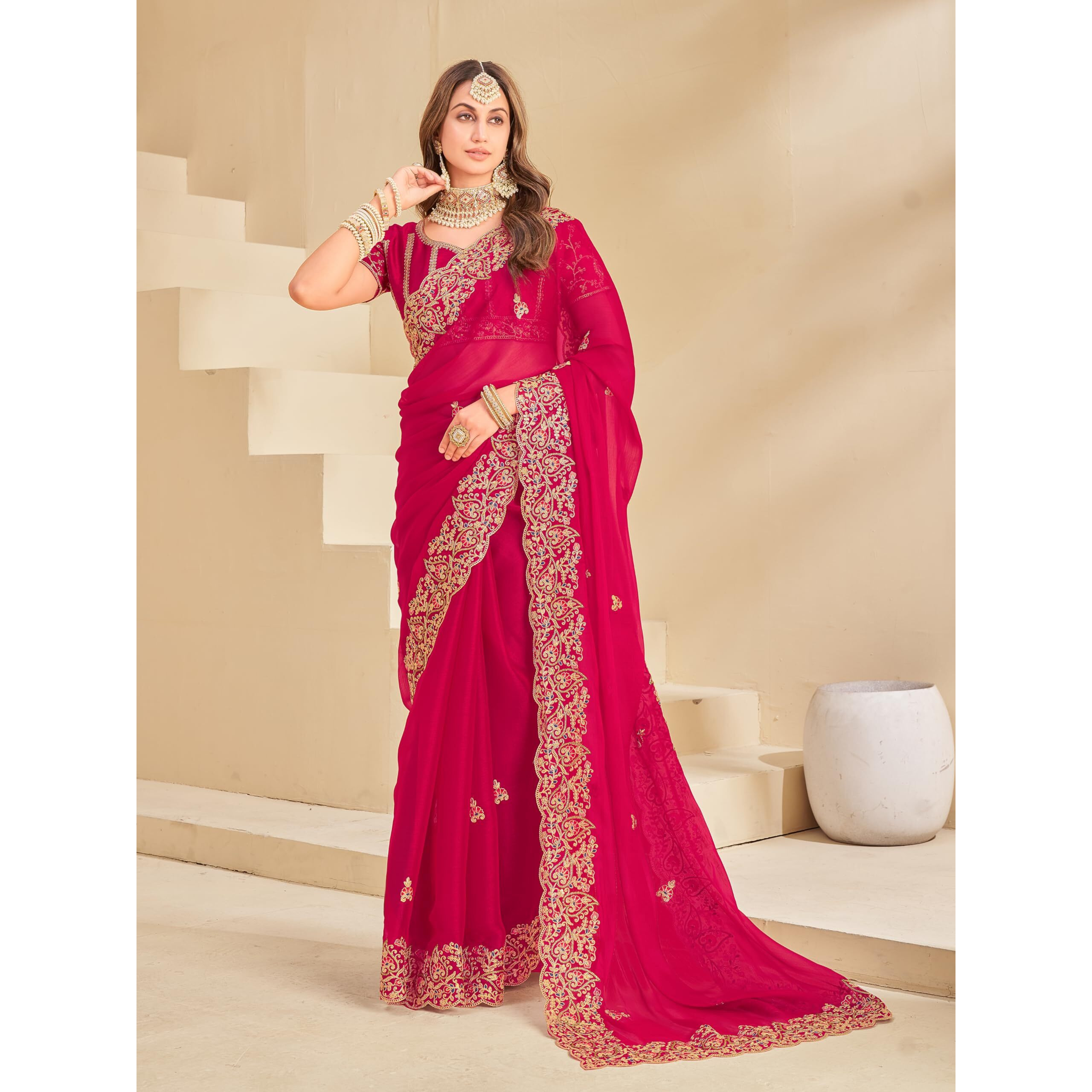 Glory Sarees Women's Soft Burberry Chiffon Heavy Embroidery Saree With Blouse Piece (Qualamkars_102_Rani)