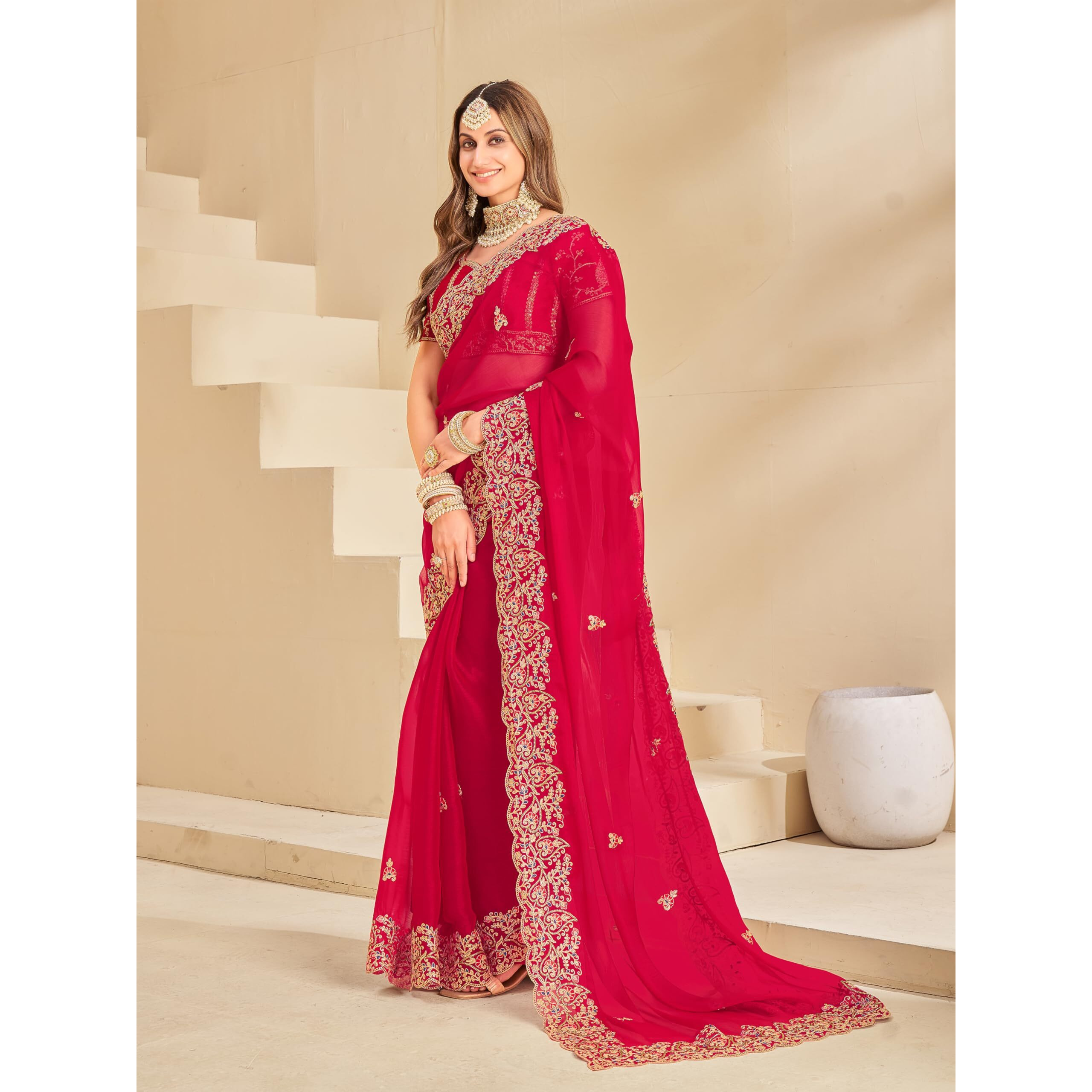 Glory Sarees Women's Soft Burberry Chiffon Heavy Embroidery Saree With Blouse Piece (Qualamkars_102_Rani)