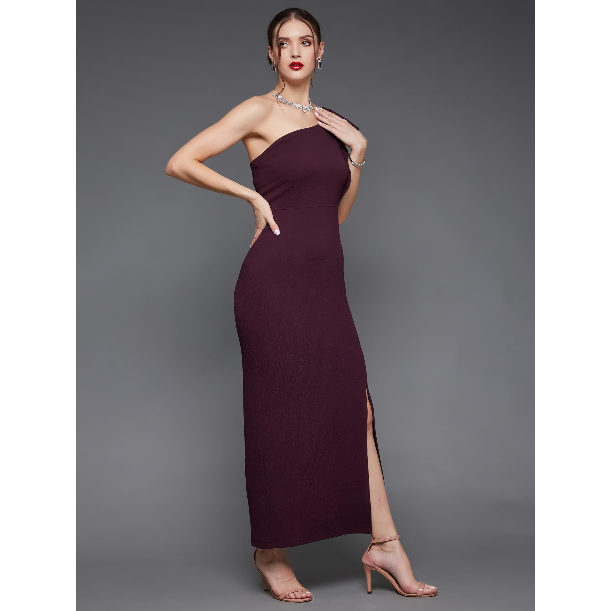 Miss Chase Women's Solid One Shoulder Sleeveless Ruffled Maxi Dress (Plus Size) (Mcss24D97-60-289-04, Dark Purple, M)