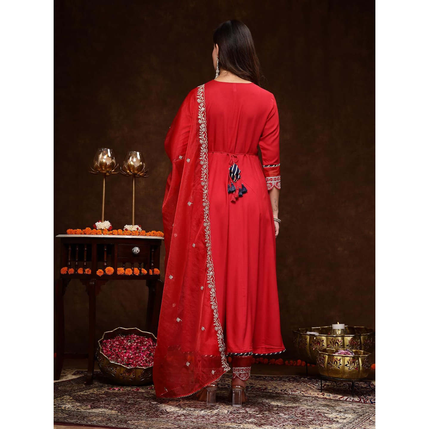 Stylum Women's Solid & Embroidered Rayon Anarkali Kurta Pant Dupatta Set (Kpdredqueen42_Red, Xl)