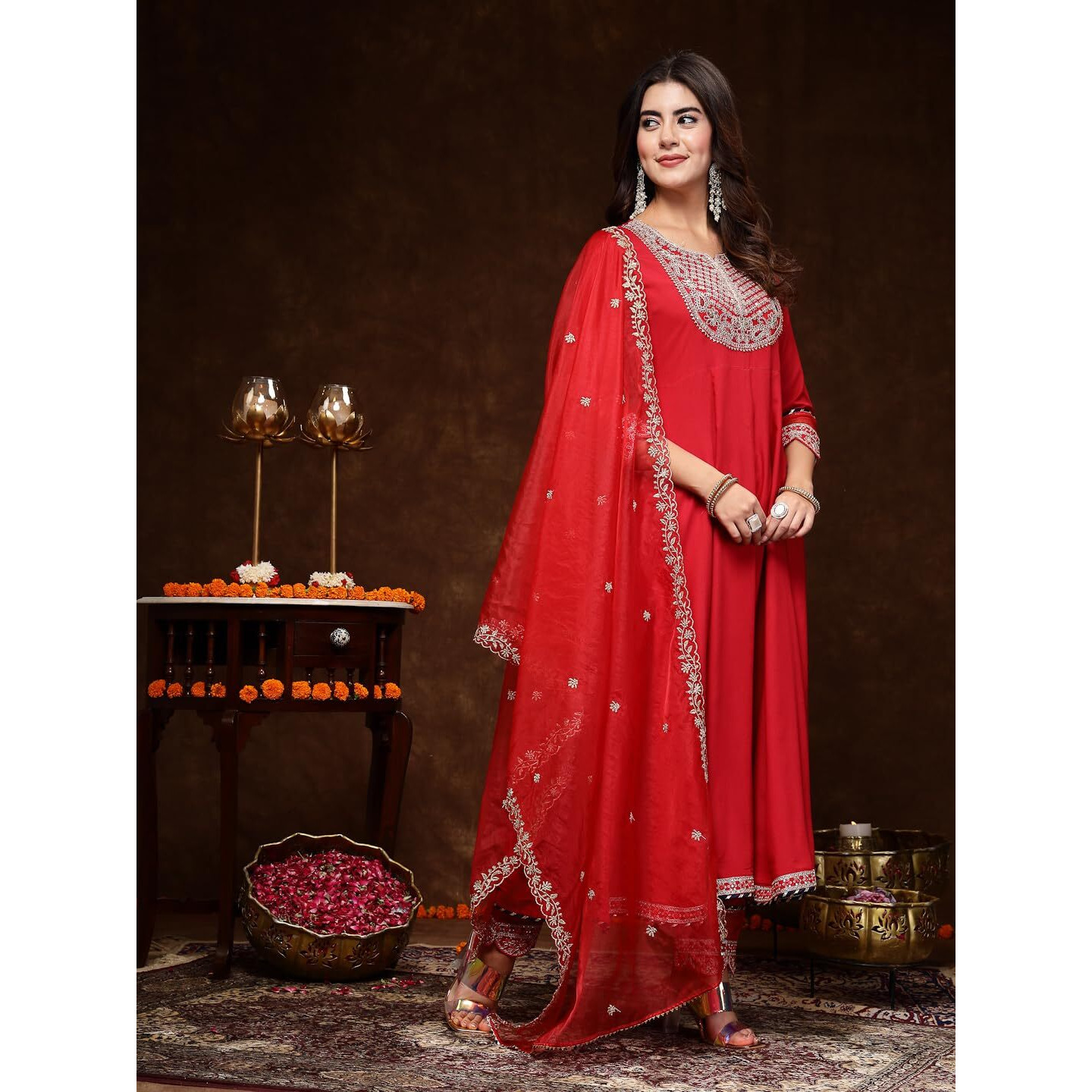 Stylum Women's Solid & Embroidered Rayon Anarkali Kurta Pant Dupatta Set (Kpdredqueen42_Red, Xl)