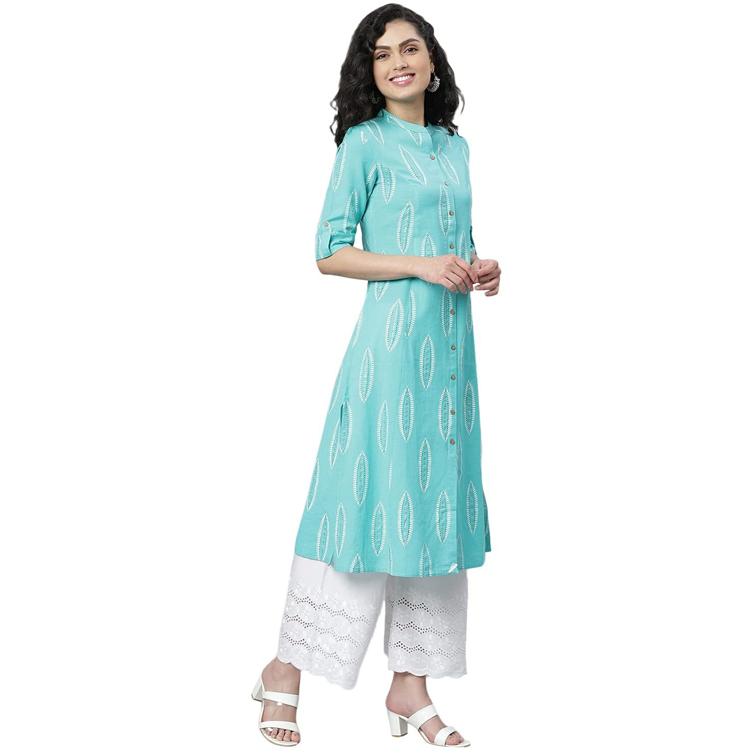 Stylum Women's Block Printed Rayon A-Line Kurta (Nomiturq38_Turquoise, M)