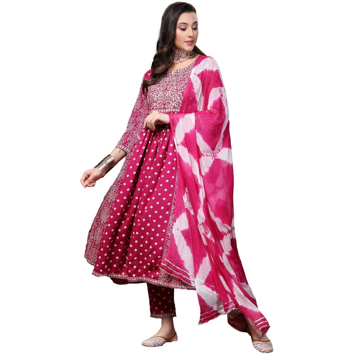 Stylum Women's Bandhej Printed Rayon Flared Kurta Pant Dupatta Set (Kpdgemalian36_Magenta, S)