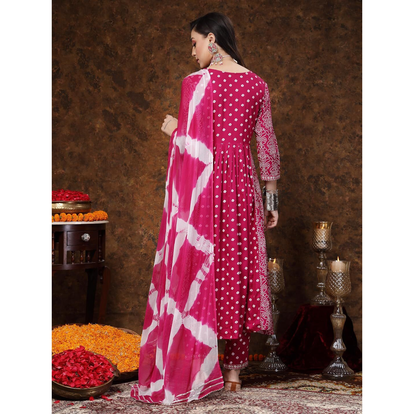 Stylum Women's Bandhej Printed Rayon Flared Kurta Pant Dupatta Set (Kpdgemalian36_Magenta, S)