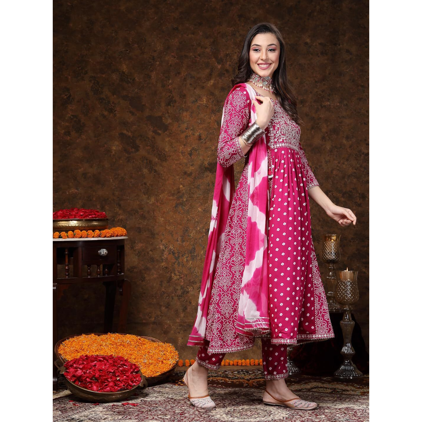 Stylum Women's Bandhej Printed Rayon Flared Kurta Pant Dupatta Set (Kpdgemalian36_Magenta, S)