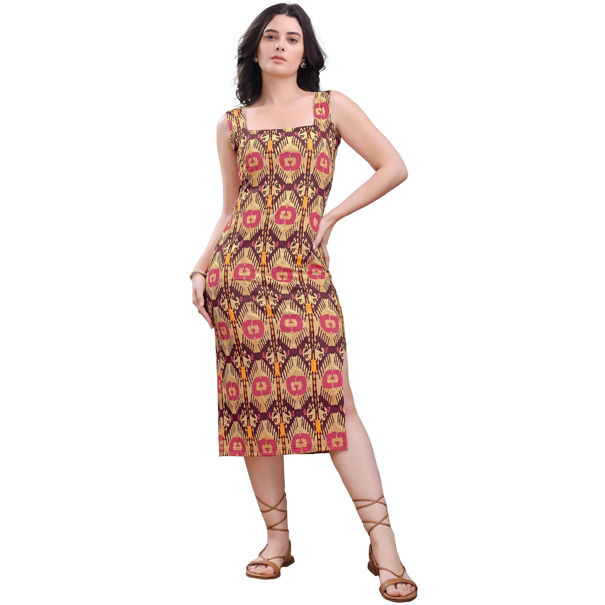 Purvaja Womens Bodycon Below Knee Length Dress (Wini-185-Brown_Large)