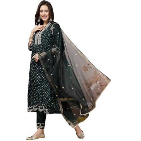 Stylum Women's Bandhani Printed & Embroidered Rayon Flared Kurta Pant Dupatta Set (Kpdtealgalib42_Teal, Xl)