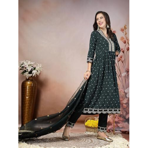 Stylum Women's Bandhani Printed & Embroidered Rayon Flared Kurta Pant Dupatta Set (Kpdtealgalib42_Teal, Xl)