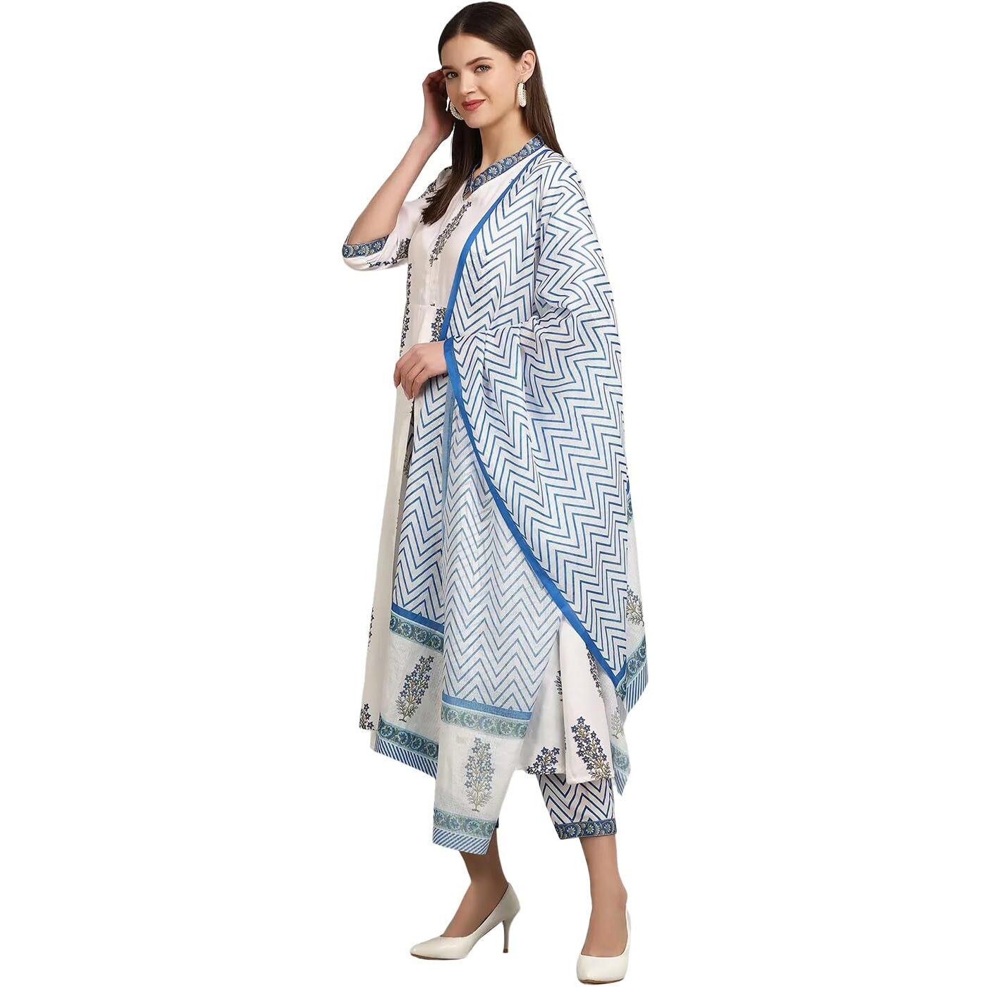 Tee Projekt Women's Cotton Blend Collared Neck Block Printed Kurta Pant With Dupatta Set White