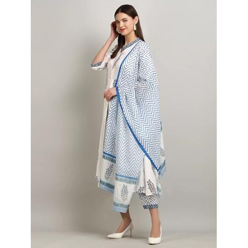 Tee Projekt Women's Cotton Blend Collared Neck Block Printed Kurta Pant With Dupatta Set White