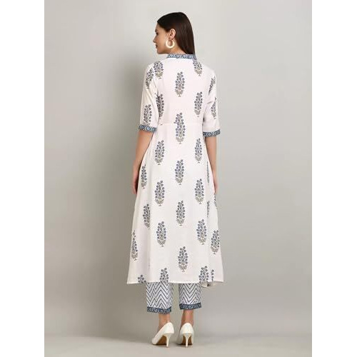 Tee Projekt Women's Cotton Blend Collared Neck Block Printed Kurta Pant With Dupatta Set White