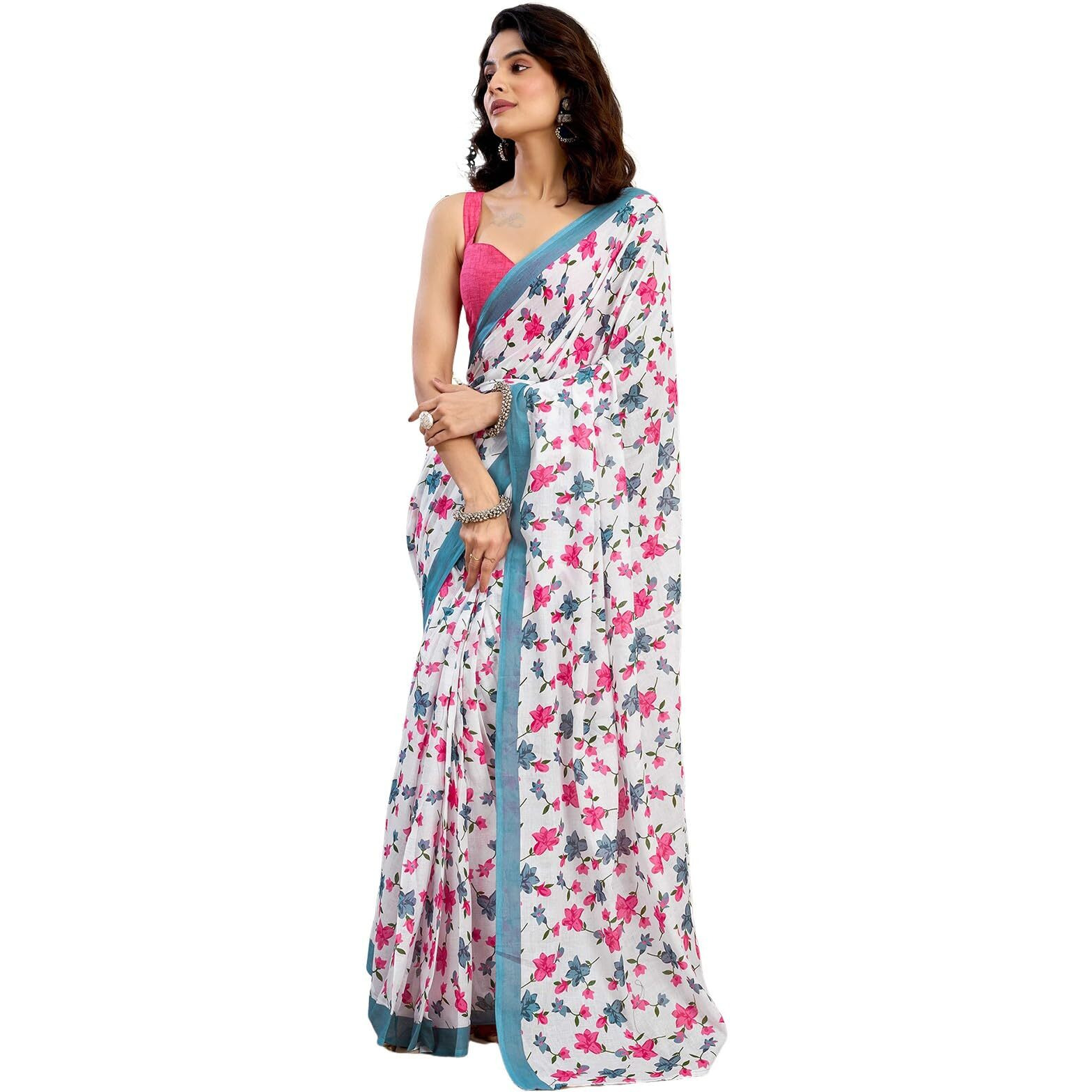 Satrani Women's Pure Cotton Printed Ready To Wear Saree With Pocket And Unstitched Blouse Piece (40Rs153_White2)