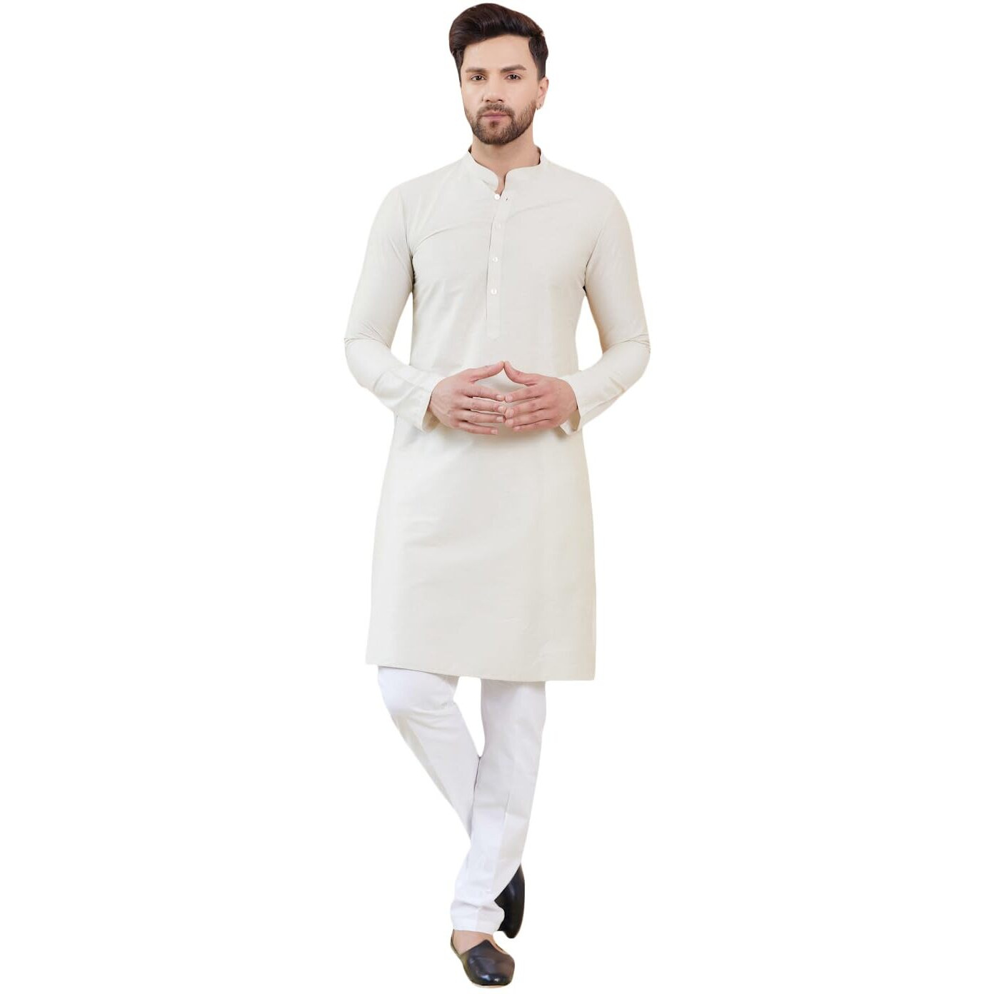 See Designs Men Long Sleeve Side Slit Mandarin Collar Cream Cotton Solid Straight Kurta - Sdkt2475S