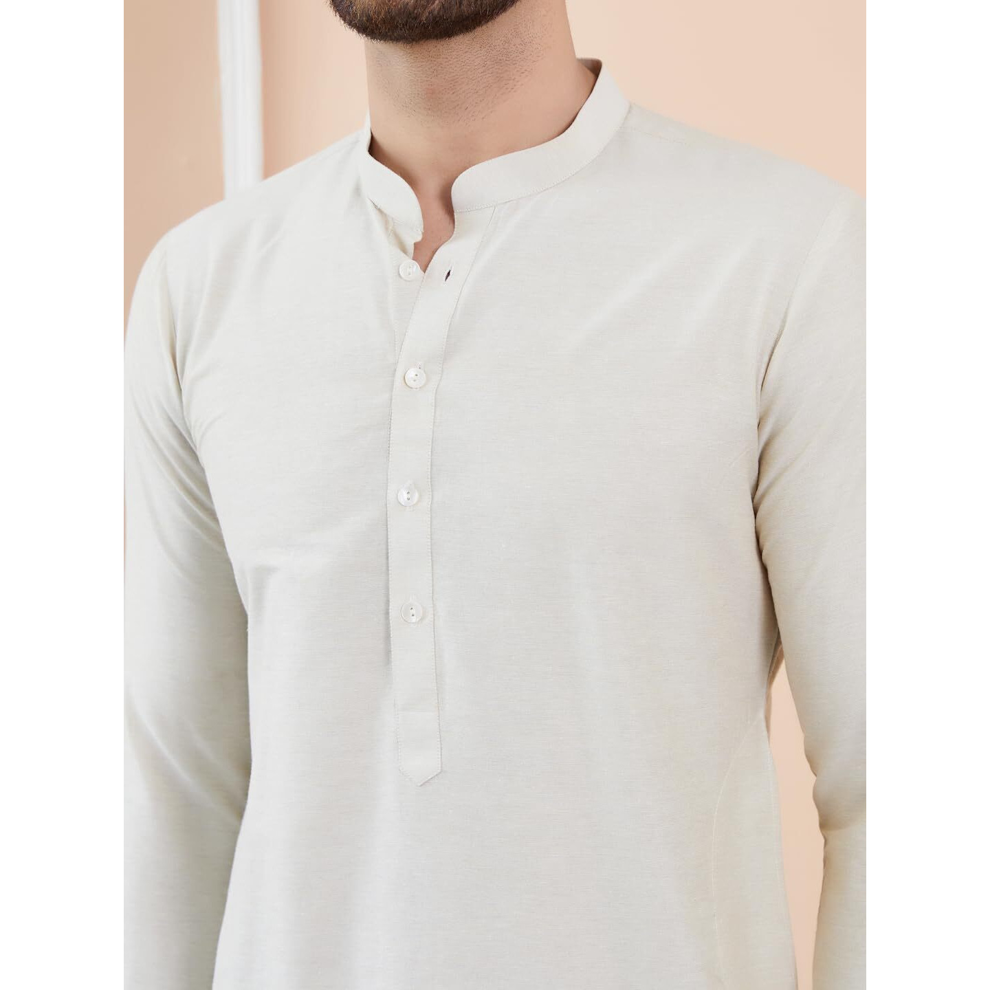 See Designs Men Long Sleeve Side Slit Mandarin Collar Cream Cotton Solid Straight Kurta - Sdkt2475S