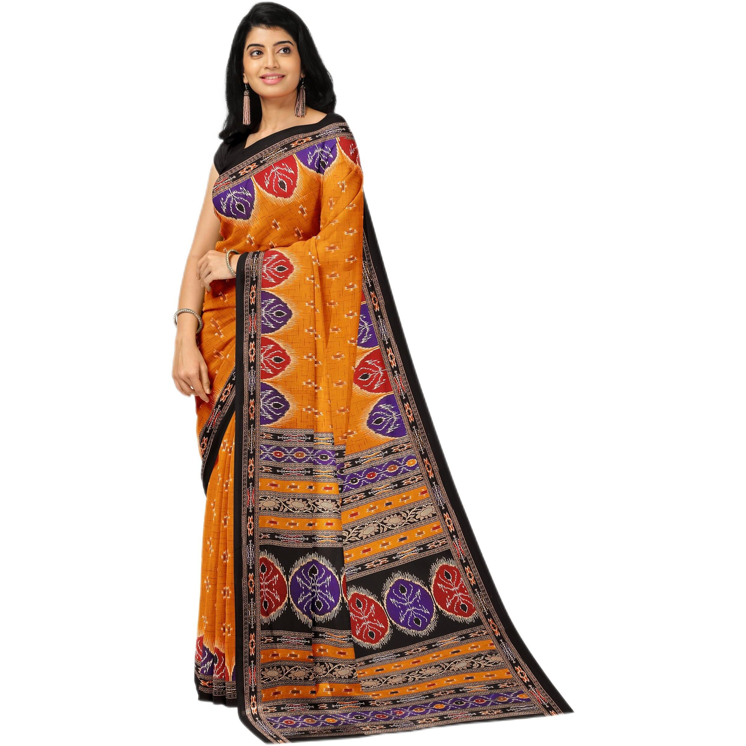 Tamaira Fashion Women's Pochampally Ikkat Print Pure Cotton Saree Without Blouse Piece(11092_Mustard)