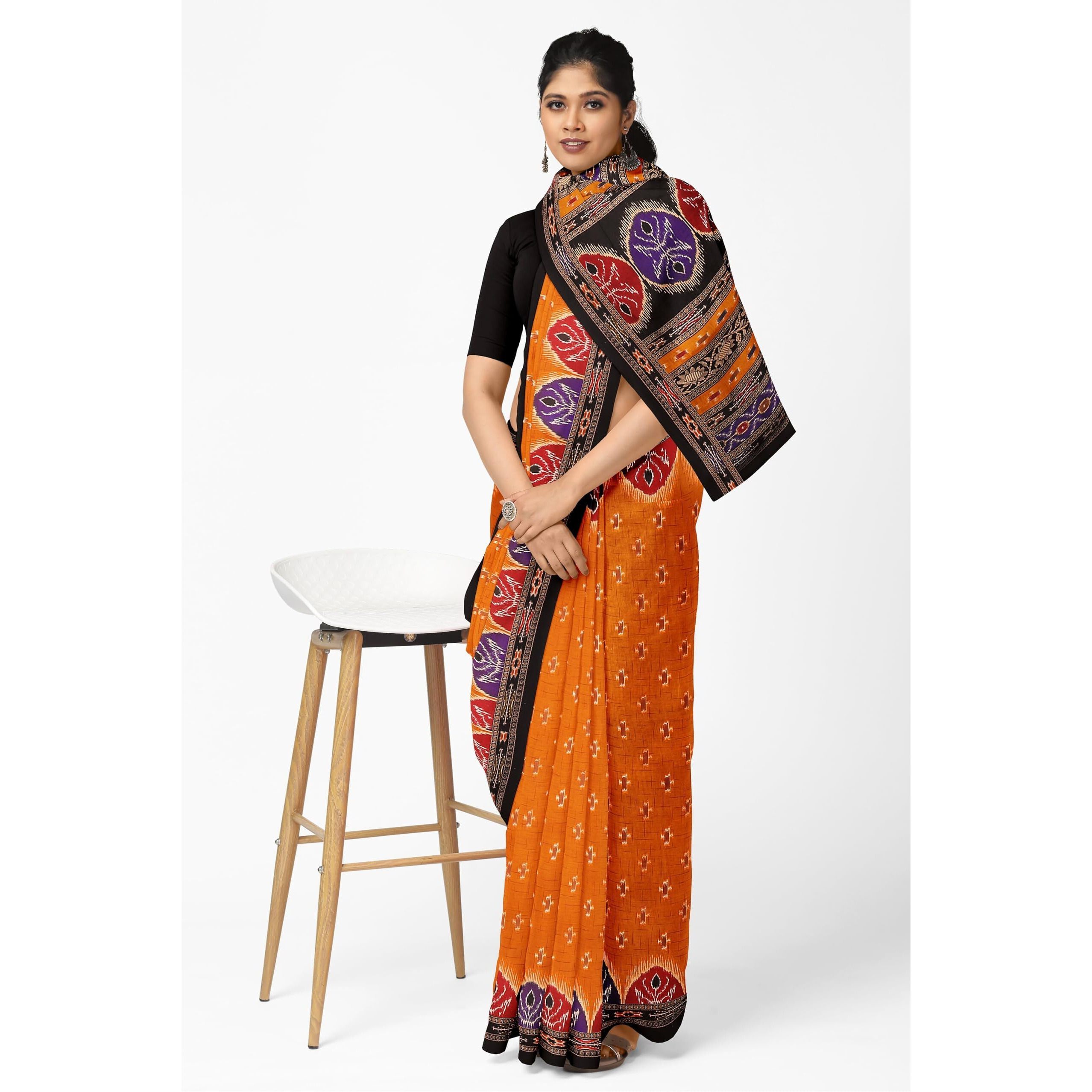 Tamaira Fashion Women's Pochampally Ikkat Print Pure Cotton Saree Without Blouse Piece(11092_Mustard)